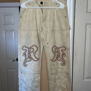 Revenge Beige Distressed Pants with Brown Lettering 32x32